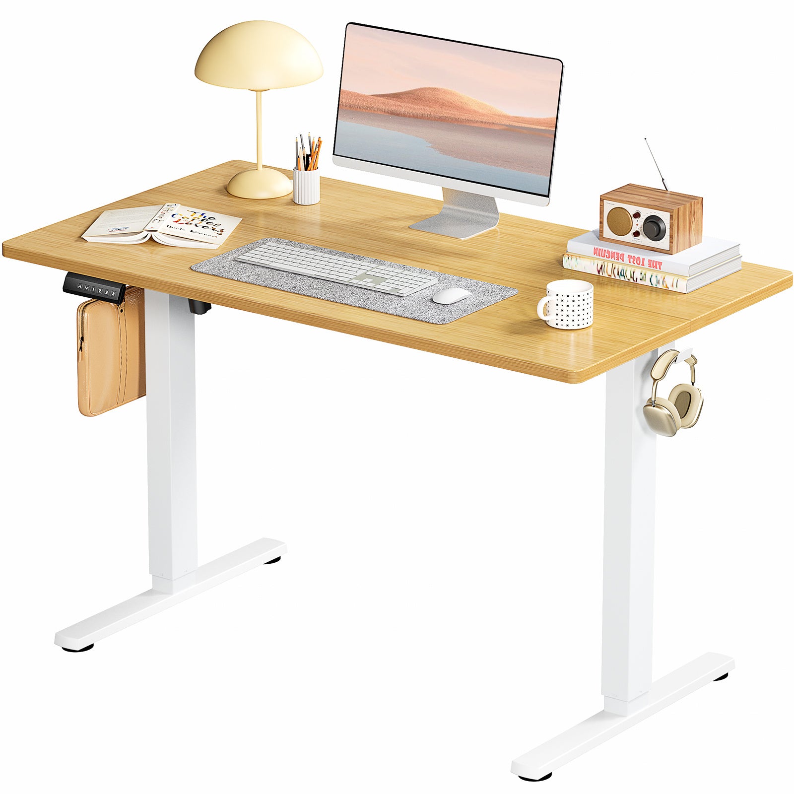 Shopi Vella standing desk for home office with adjustable height, bamboo top, and white metal legs