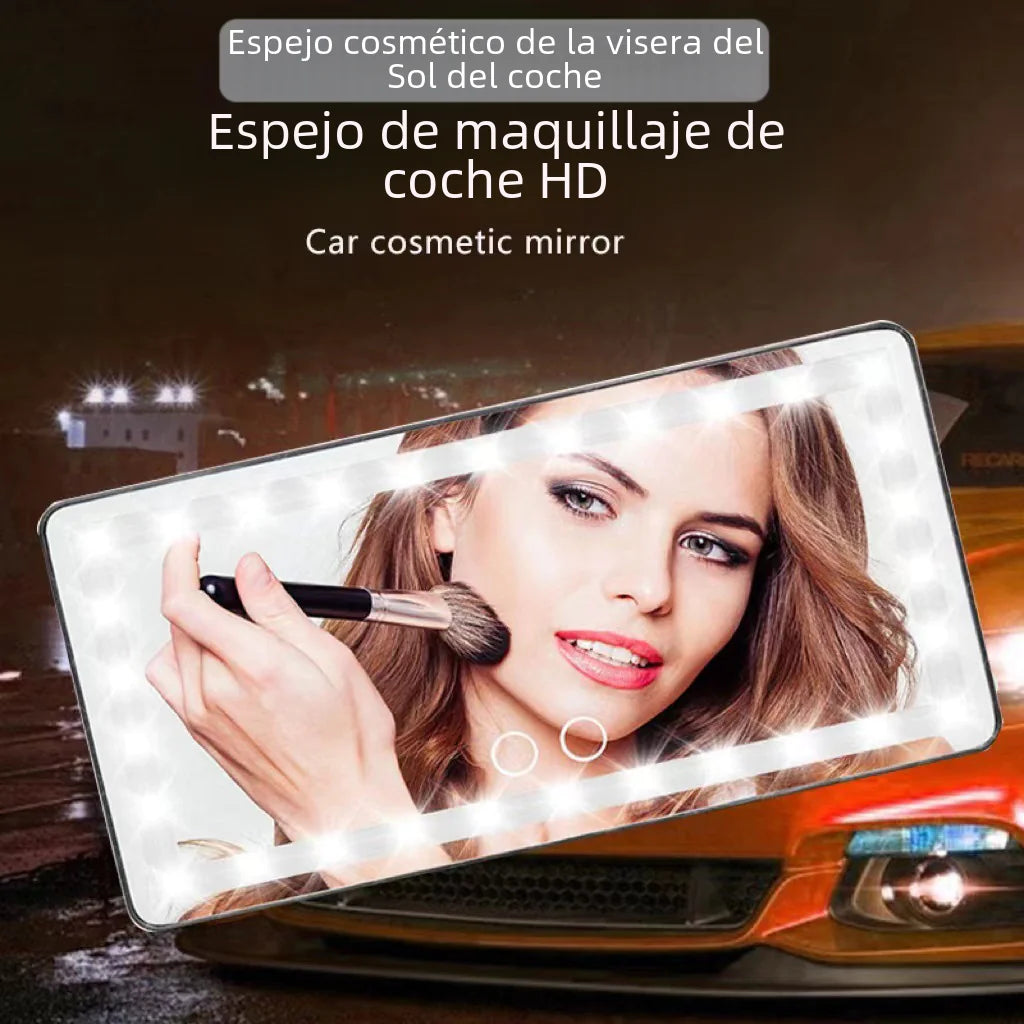 Best car vanity mirror for makeup with LED lights showing woman applying makeup in car