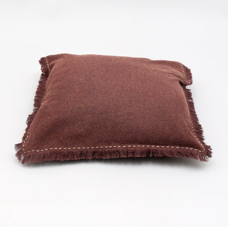 Shopi Vella brown linen pillow with fringe edges and decorative stitching detail