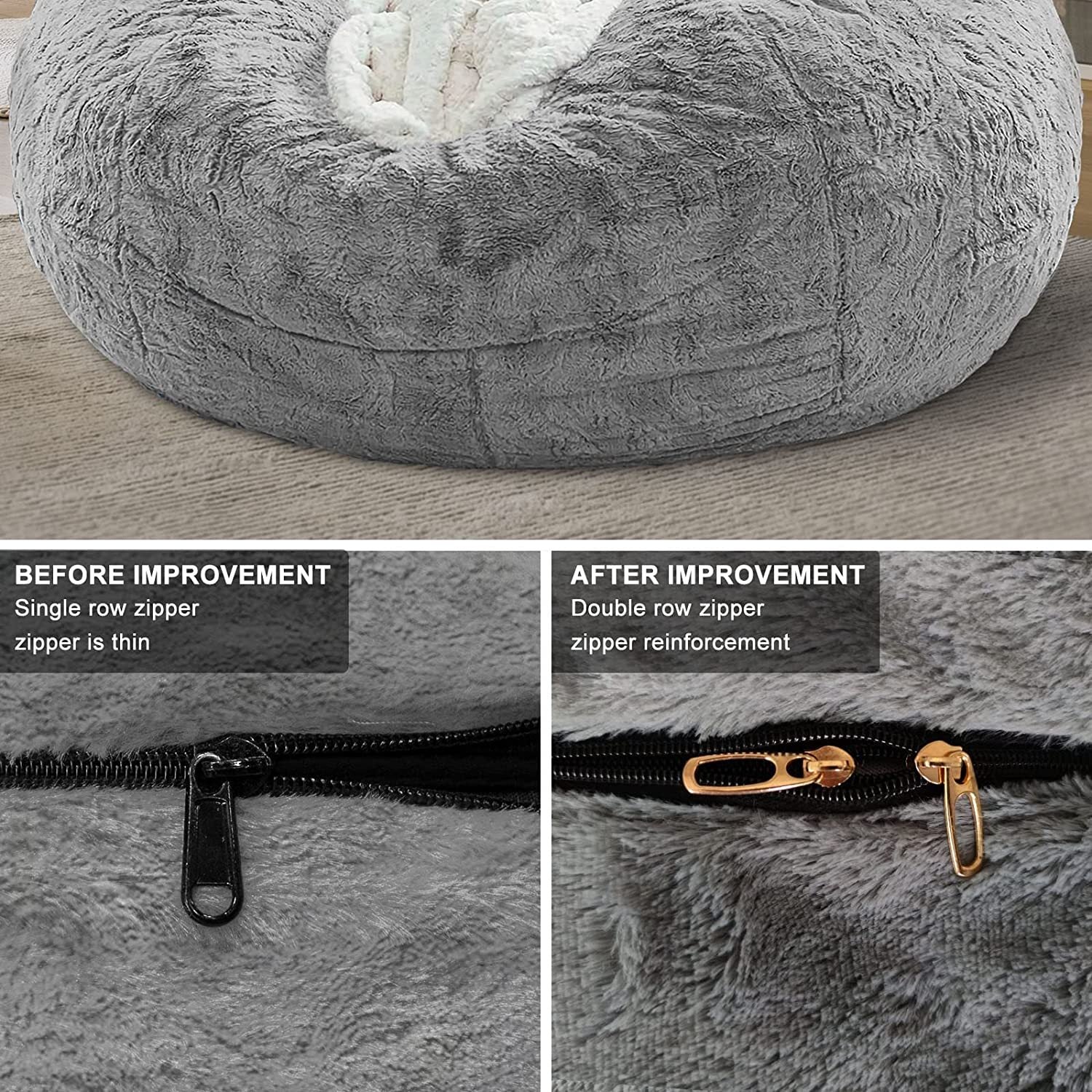 Gray living room bean bag cushion cover with soft fabric and double row zipper reinforcement