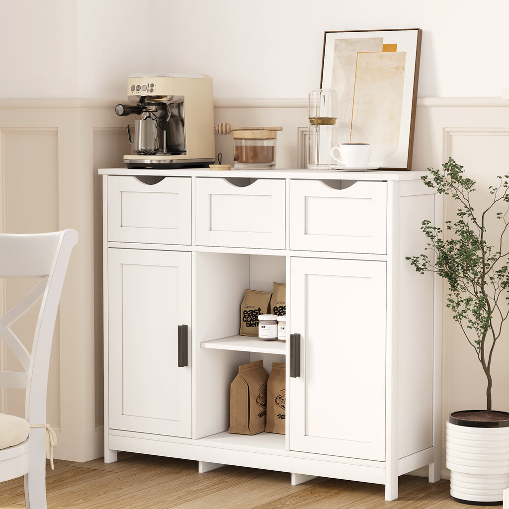 Shopi Vella white living room cabinet with shelves and drawers, styled with coffee machine and decor items