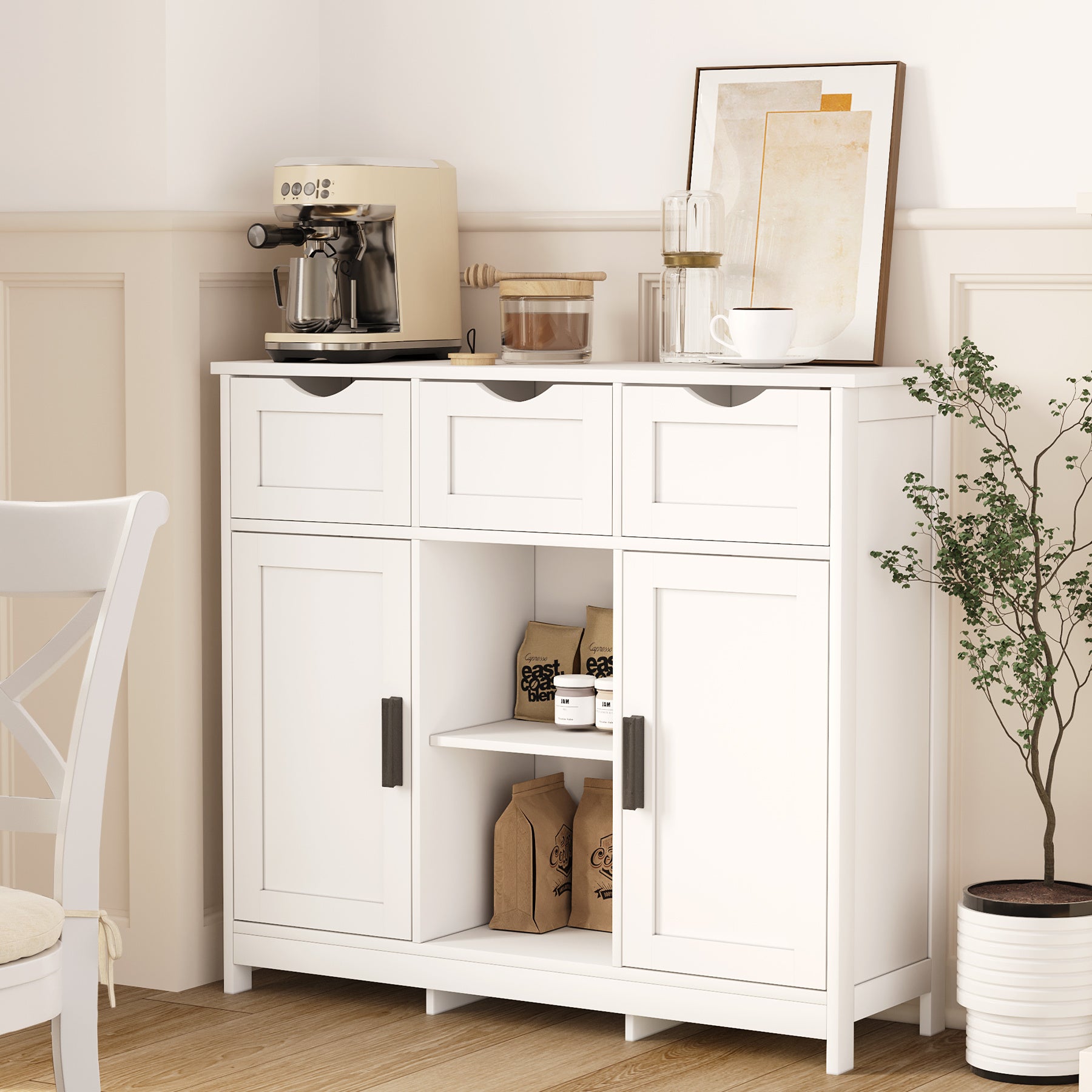 Shopi Vella white living room cabinet with shelves and drawers, styled with coffee machine and decor items