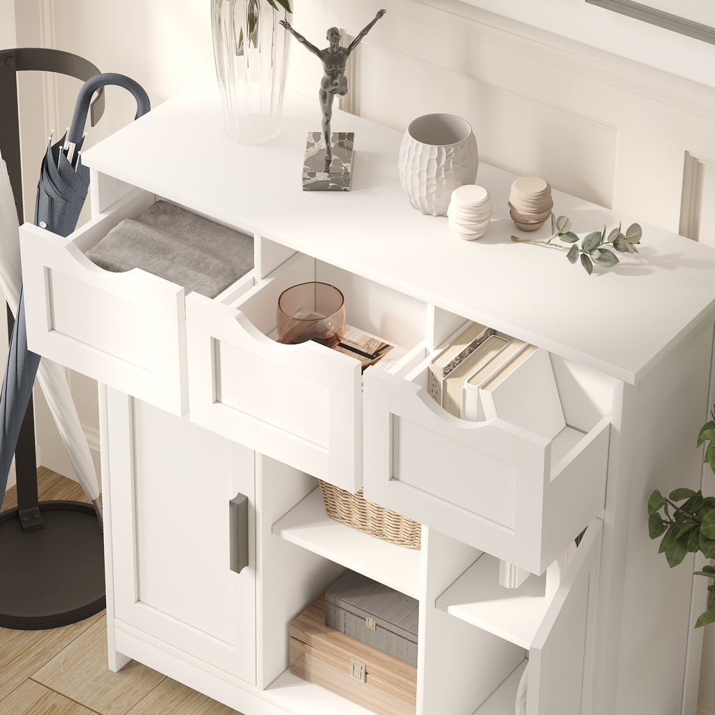 White living room cabinet with shelves and drawers by Shopi Vella holding decor and storage items