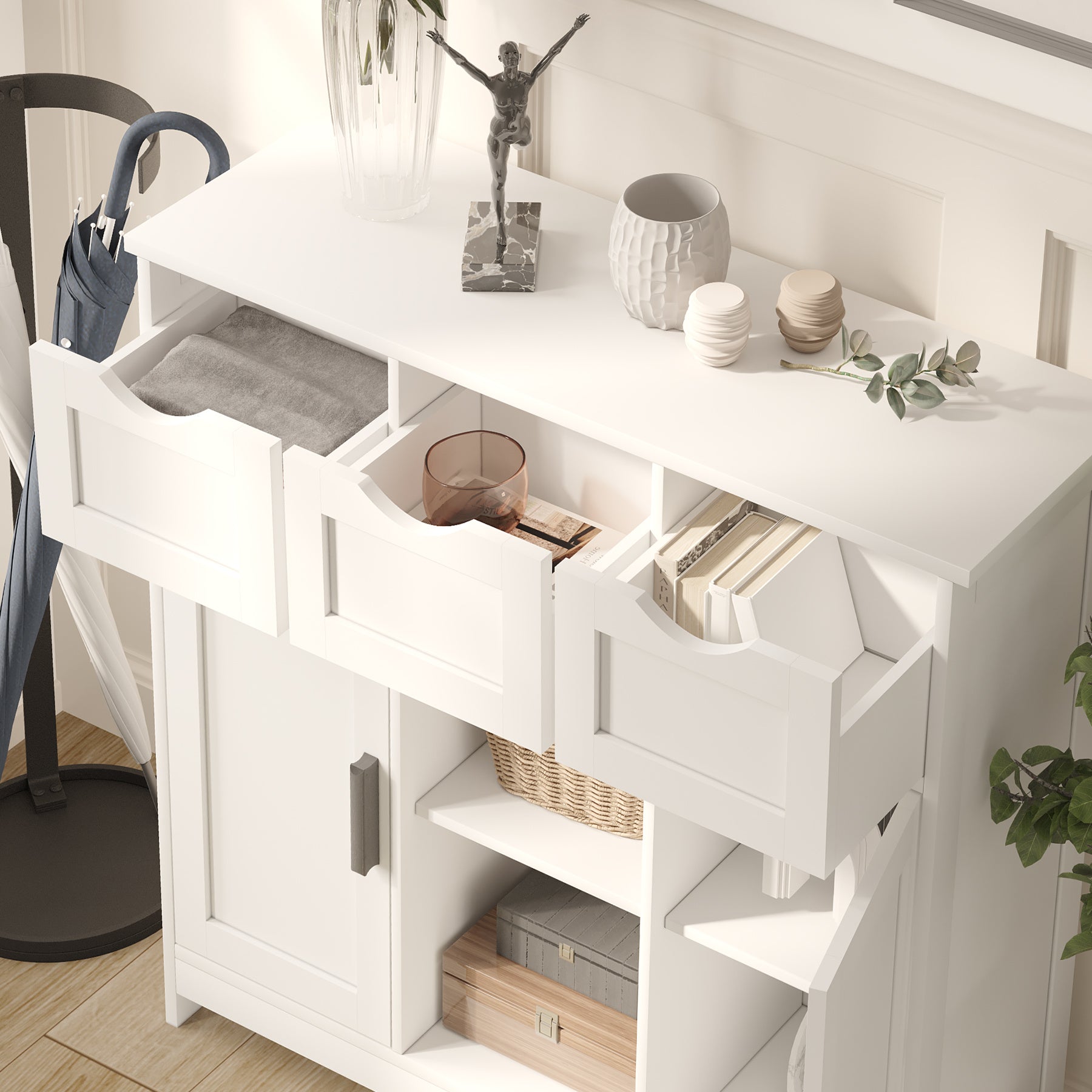 White living room cabinet with shelves and drawers by Shopi Vella holding decor and storage items