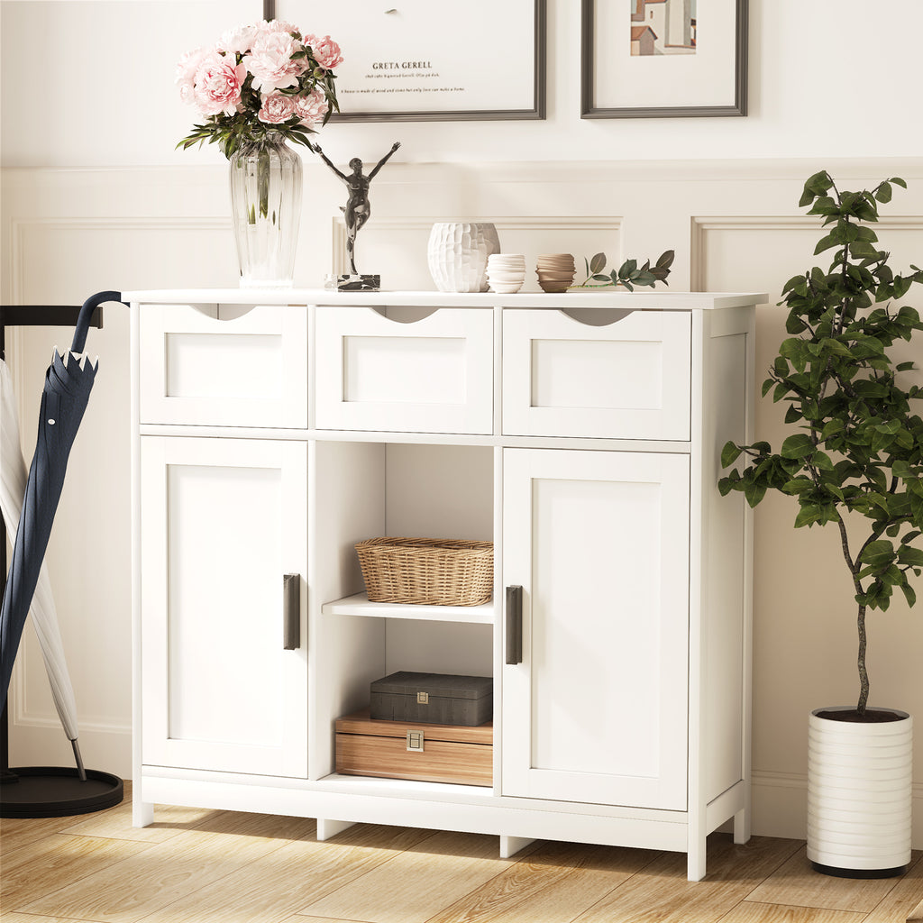 Shopi Vella white living room cabinet with shelves featuring drawers and decorative items on top