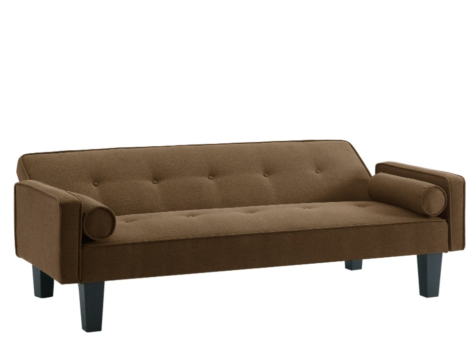 Shopi Vella brown living room sofa with pillows and tufted cushions on black legs