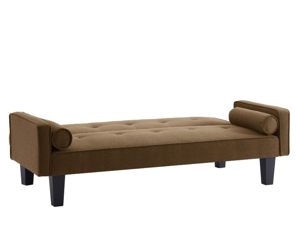 Shopi Vella brown living room sofa with pillows featuring tufted cushion and wooden legs