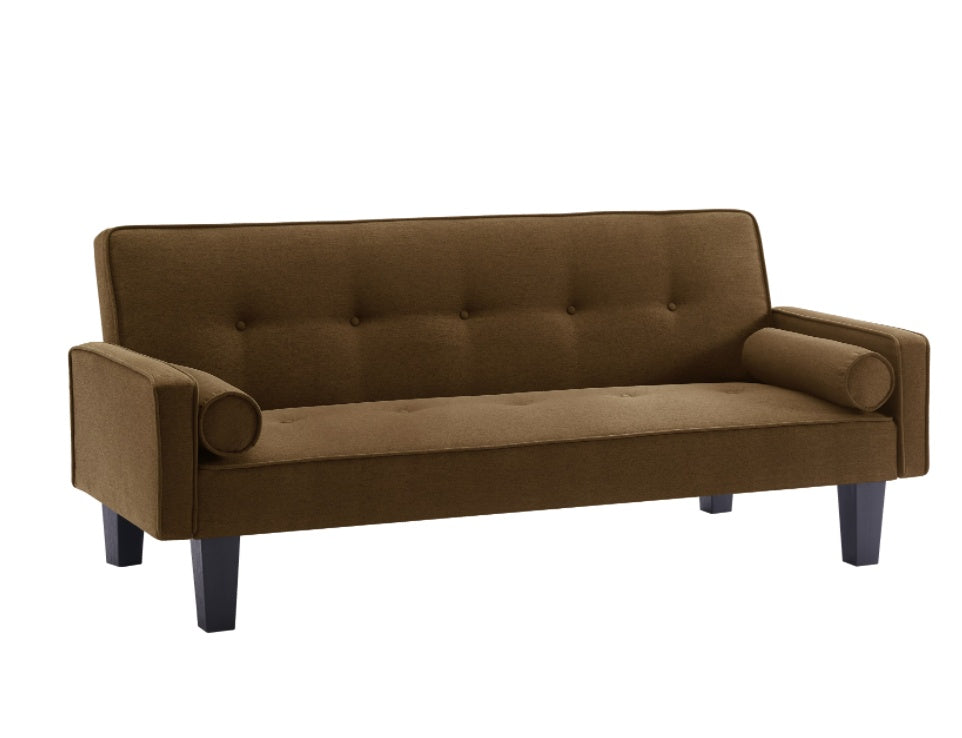 Shopi Vella brown living room sofa with pillows featuring tufted backrest and dark wooden legs