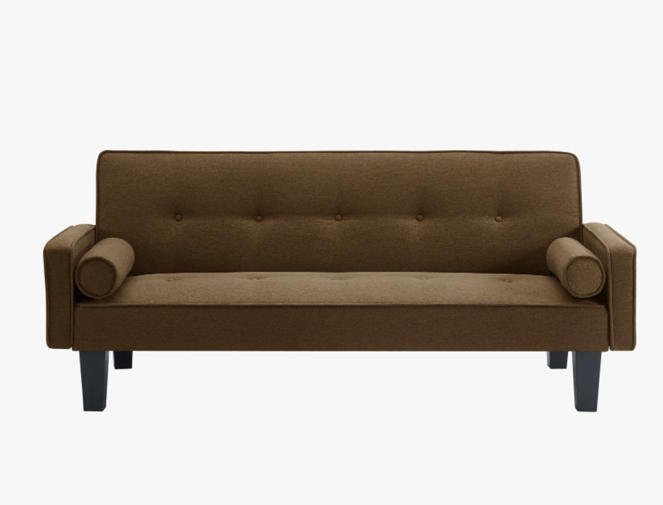 Shopi Vella brown living room sofa with pillows featuring button tufting and cylindrical arm cushions