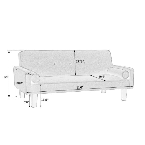 Shopi Vella living room sofa with pillows featuring detailed dimensions and modern design