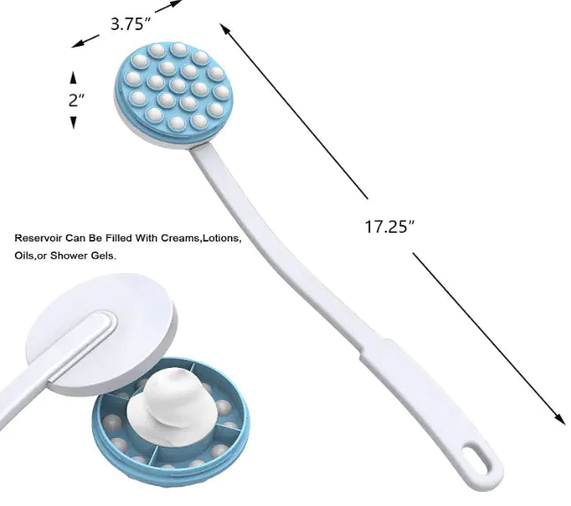 Long handle bath brush with rounded massage heads and reservoir for creams lotions oils or shower gels