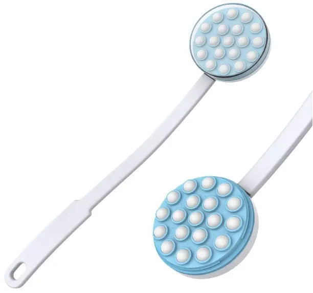 White and blue long handle bath brush with massage nodes for easy back cleaning