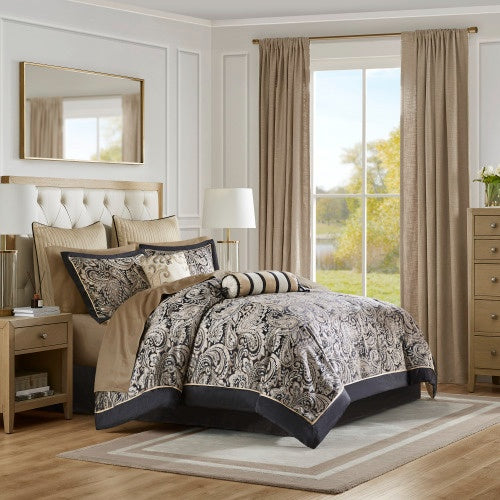 Shopi Vella 12 piece comforter set with sheets in elegant paisley design on bed in a cozy bedroom