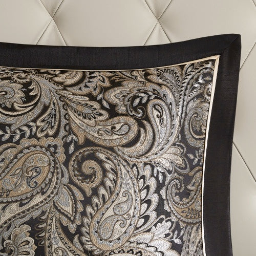 Shopi Vella 12 piece comforter set with sheets featuring intricate paisley embroidery on black fabric
