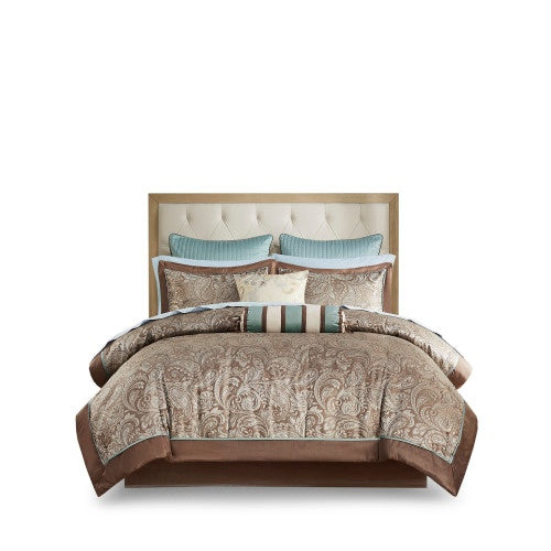 Shopi Vella luxury bedding set with comforter full in brown and beige paisley design with decorative pillows