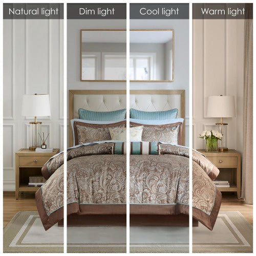 Luxury bedding set with comforter full displayed in bedroom under natural, dim, cool, and warm light settings