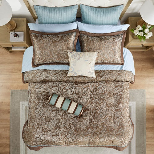 Shopi Vella luxury bedding set with comforter full in brown paisley pattern on wooden floor