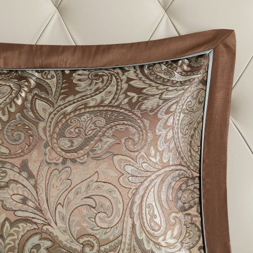 Shopi Vella luxury bedding set with comforter full featuring ornate paisley pattern in brown and beige tones