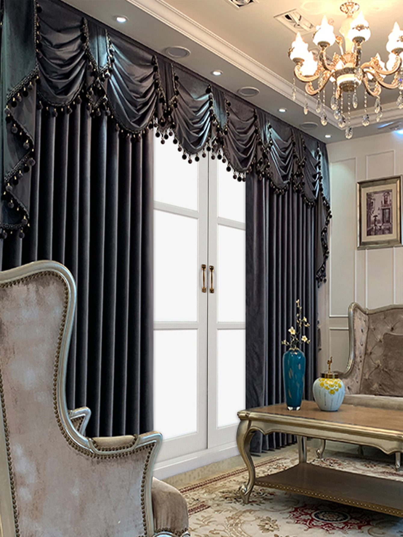 Shopi Vella luxury black velvet curtains with elegant scalloped valance in a classic living room