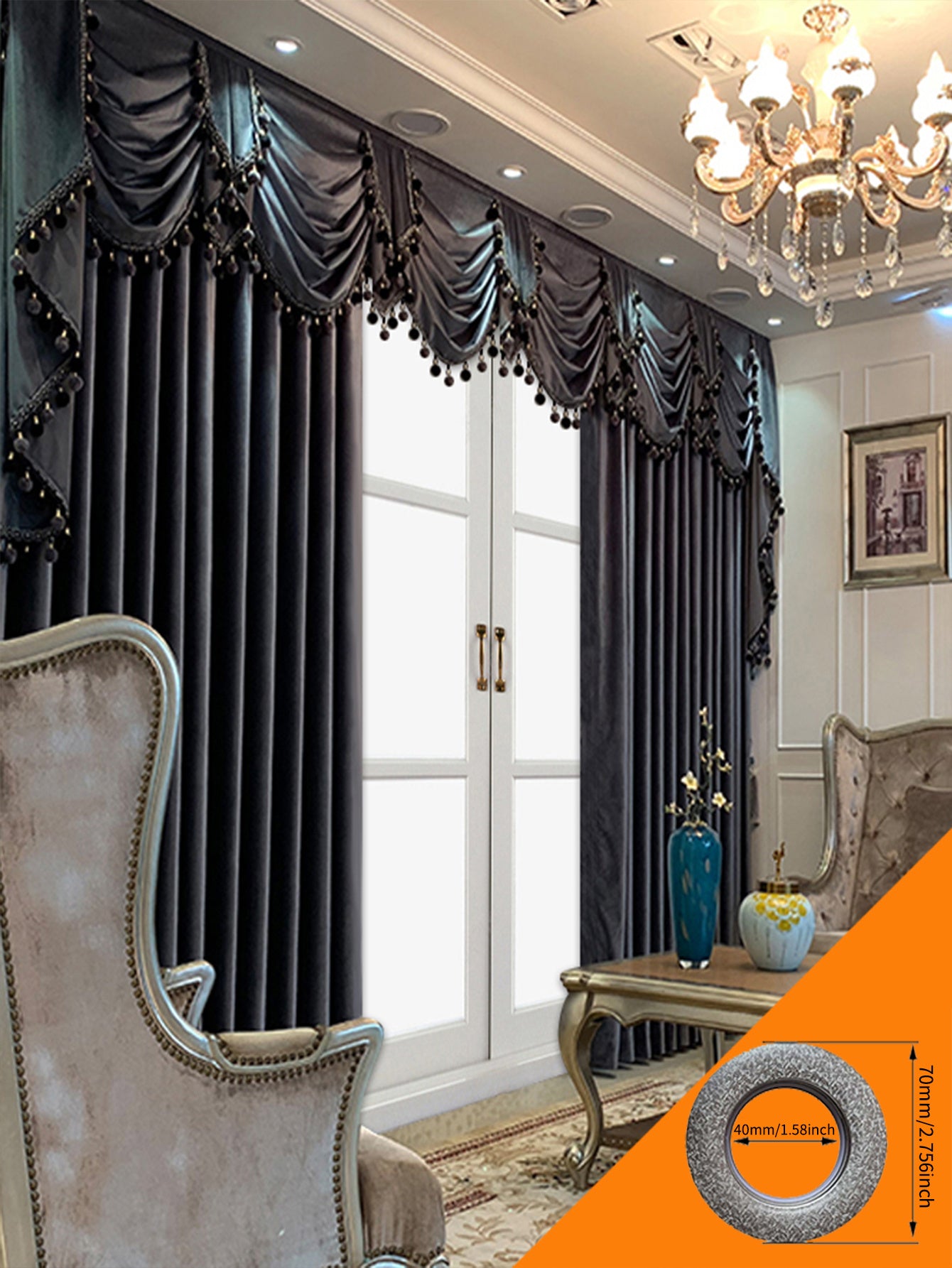 Shopi Vella luxury black velvet curtains with decorative valance in elegant living room setting