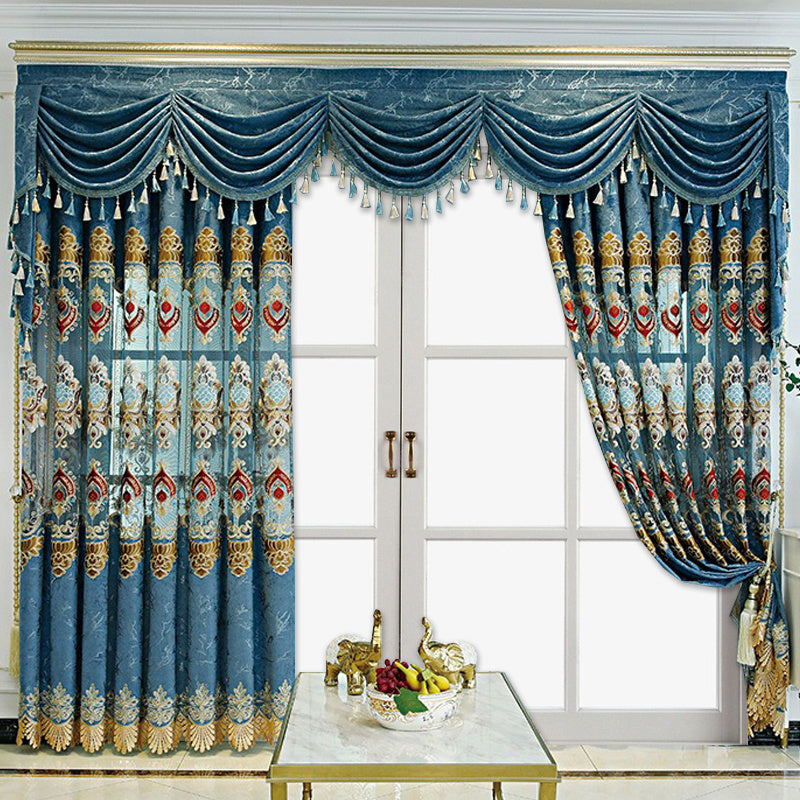 Shopi Vella modern velvet living room curtains in blue with decorative patterns and tassel valance