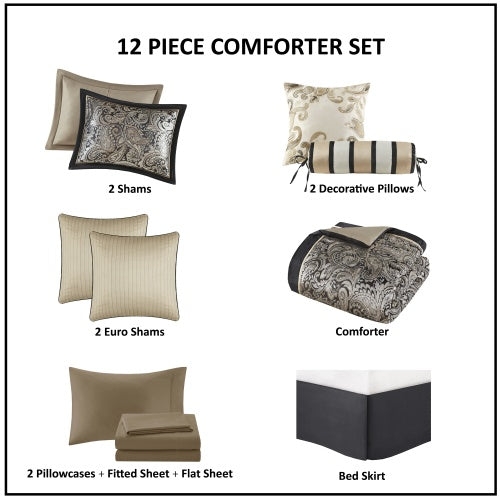 Shopi Vella 12 piece luxury comforter set for full bed including comforter, shams, pillows, sheets, and bed skirt