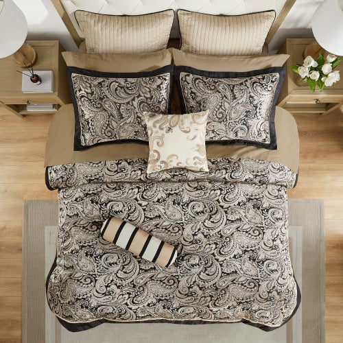 Shopi Vella luxury comforter set for full bed with elegant paisley design and matching decorative pillows