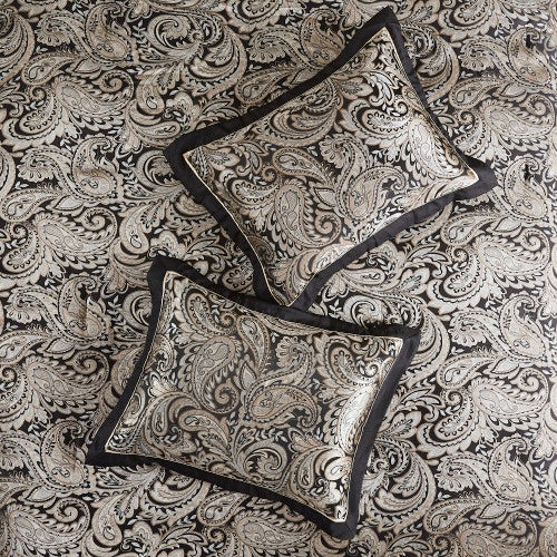Shopi Vella luxury comforter set for full bed with intricate black and beige paisley design and matching pillow shams