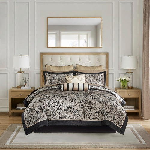 Luxury comforter set for full bed with elegant black and beige paisley design on bed in modern bedroom