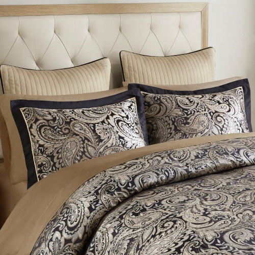Shopi Vella luxury comforter set for full bed with intricate paisley design and matching pillow shams