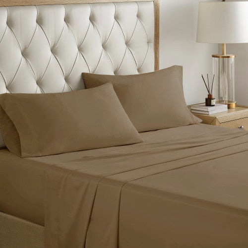 Shopi Vella luxury comforter set for full bed in brown with matching pillowcases on tufted headboard