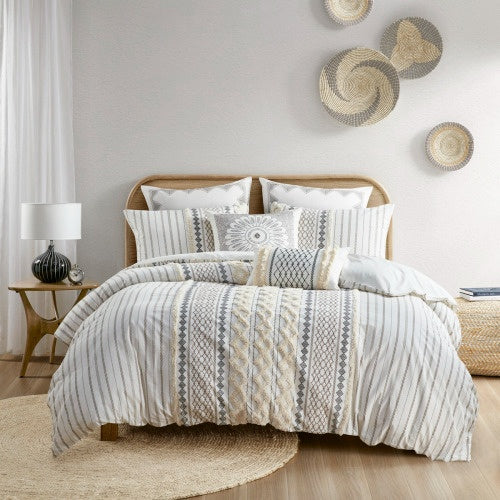 Shopi Vella luxury cotton duvet set with chenille in neutral tones on bed with decorative pillows