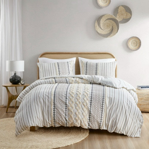 Shopi Vella luxury cotton duvet set with chenille in neutral tones on a bed in modern bedroom
