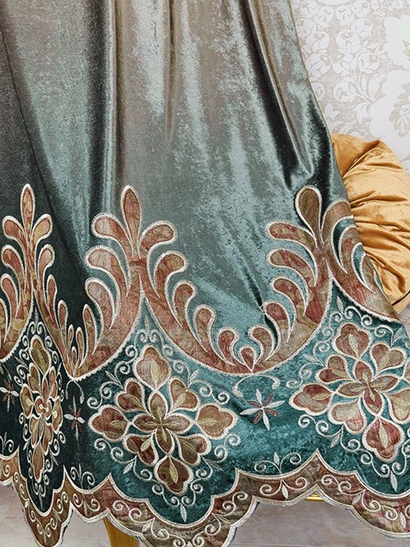 Elegant floral living room curtains with intricate embroidery in soft green and brown tones