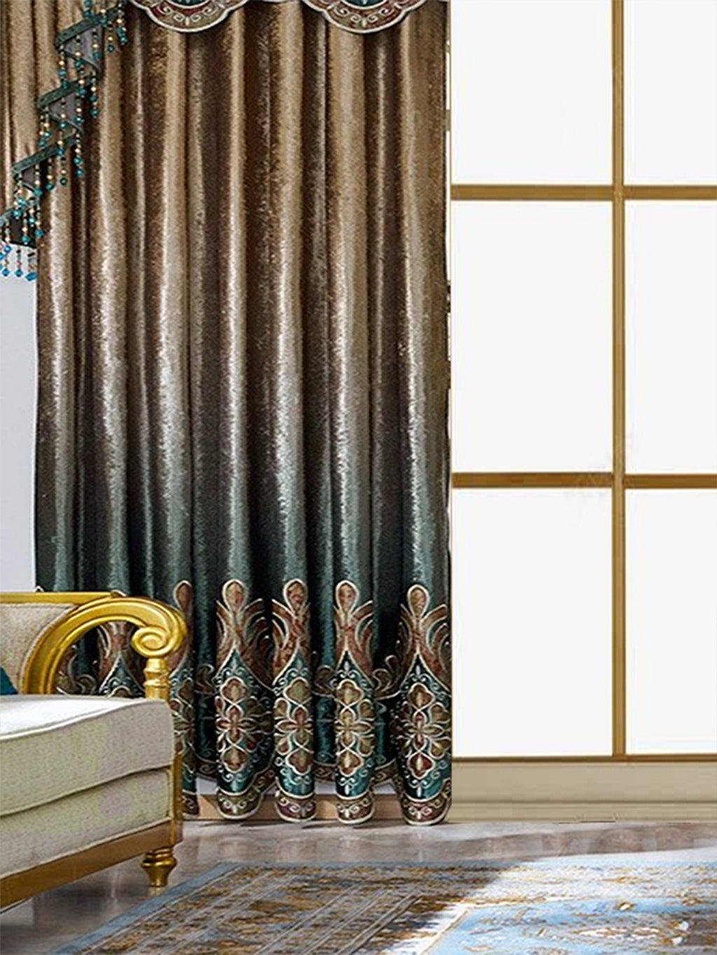 Elegant floral living room curtains with detailed patterns hanging beside a large window in a stylish living room