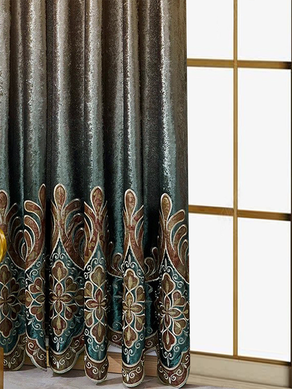 Elegant floral living room curtains with intricate brown and teal decorative patterns by My Store