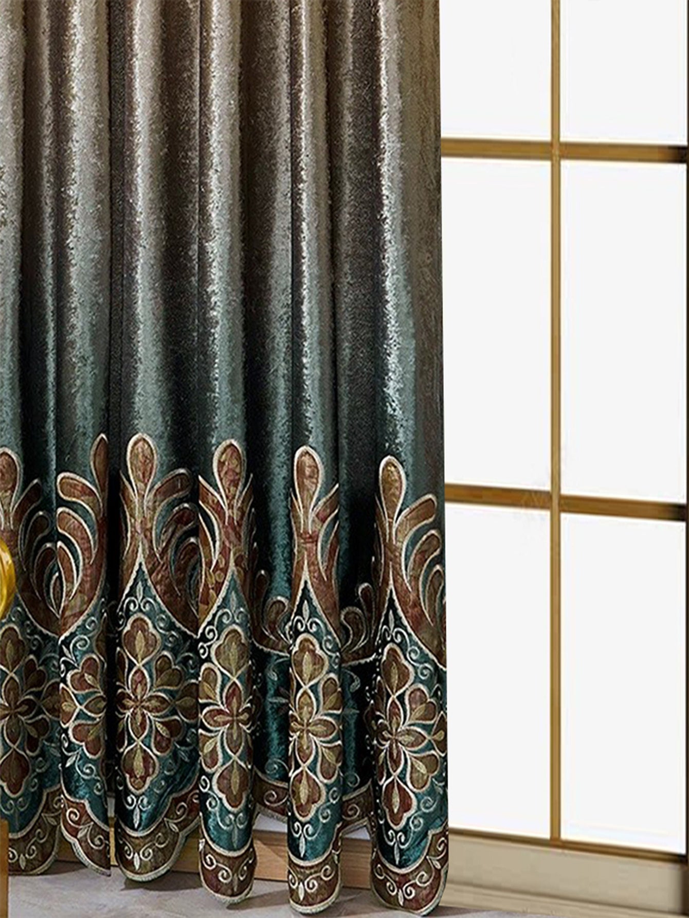 Elegant floral living room curtains with intricate brown and teal decorative patterns by My Store