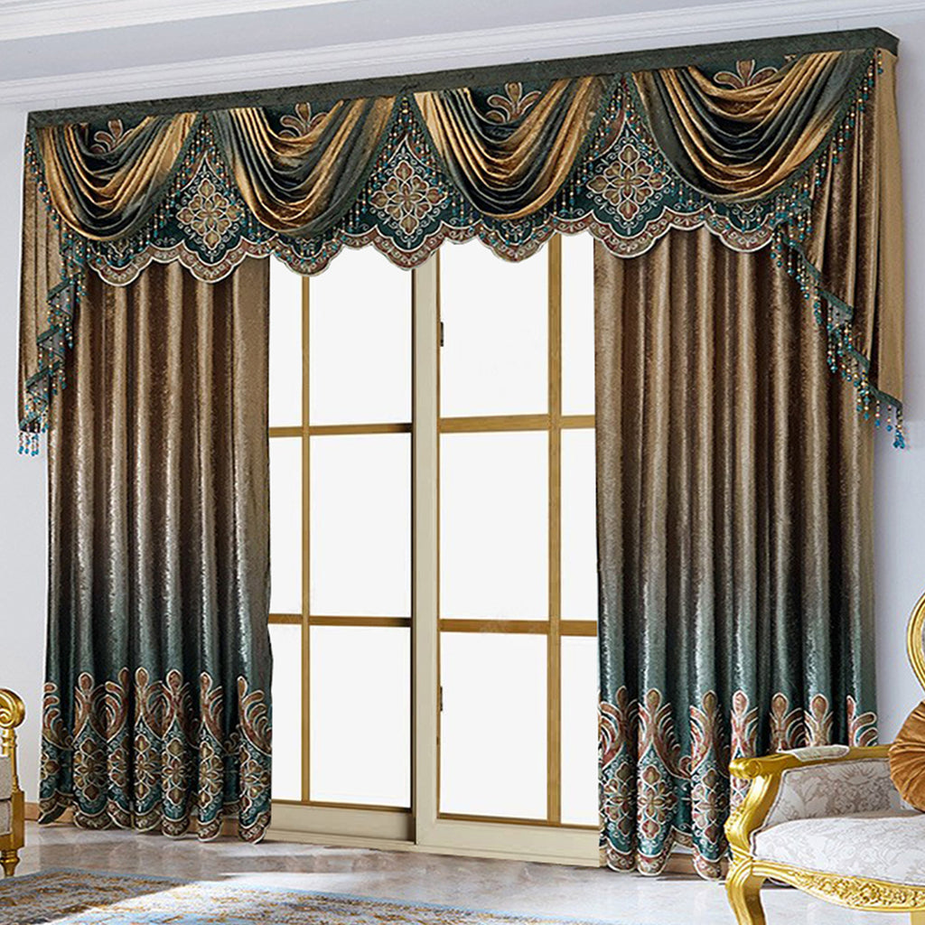 Elegant floral living room curtains with intricate gold and teal patterns and swag valance