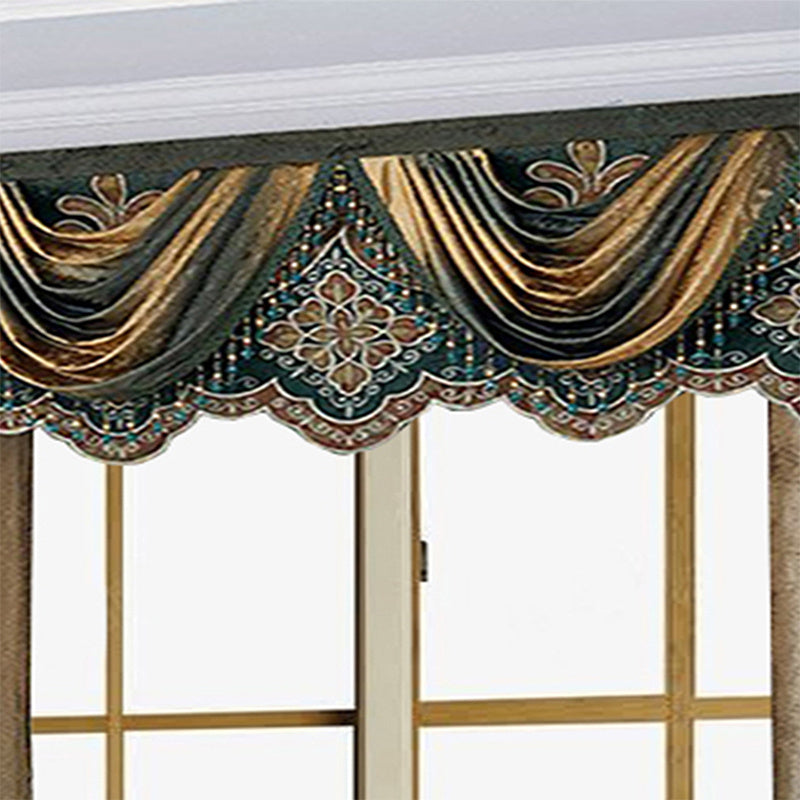 Elegant floral living room curtains with ornate pattern and rich fabric draped over windows