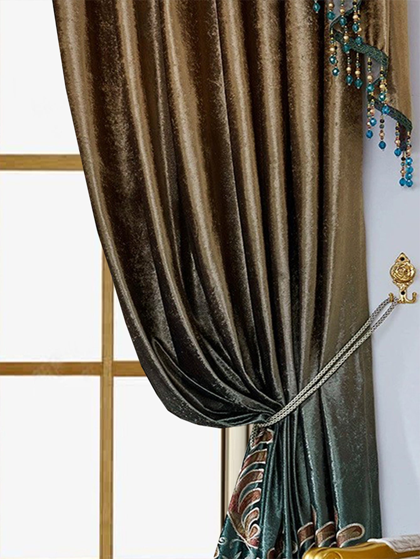 Elegant floral living room curtains in dark velvet fabric tied back with decorative silver cord
