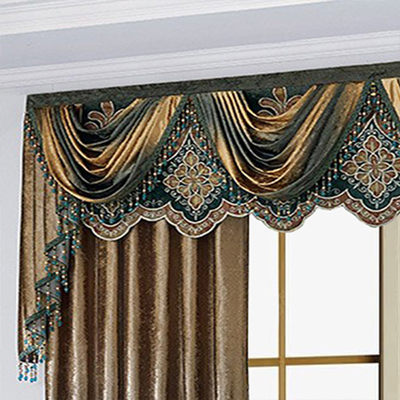 Elegant floral living room curtains with gold and teal embroidered valance and draped fabric