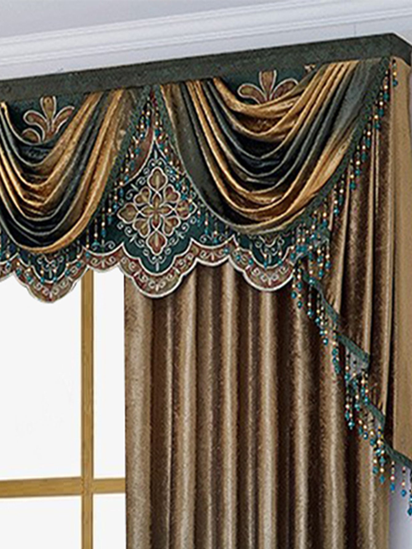 Elegant floral living room curtains with intricate design and beaded trim from My Store