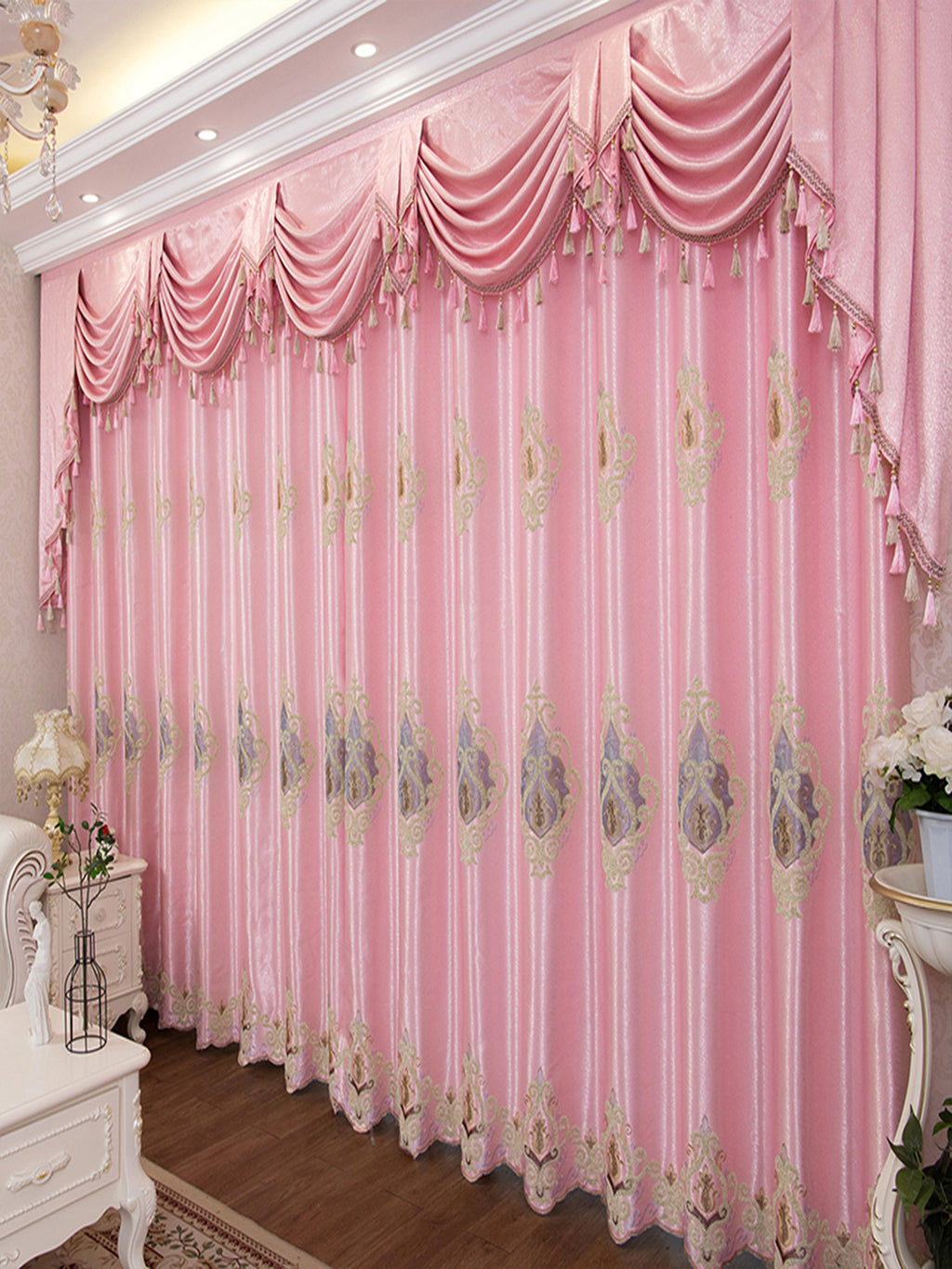 Shopi Vella luxury embroidered bedroom curtains in pink with ornate patterns and scalloped valance