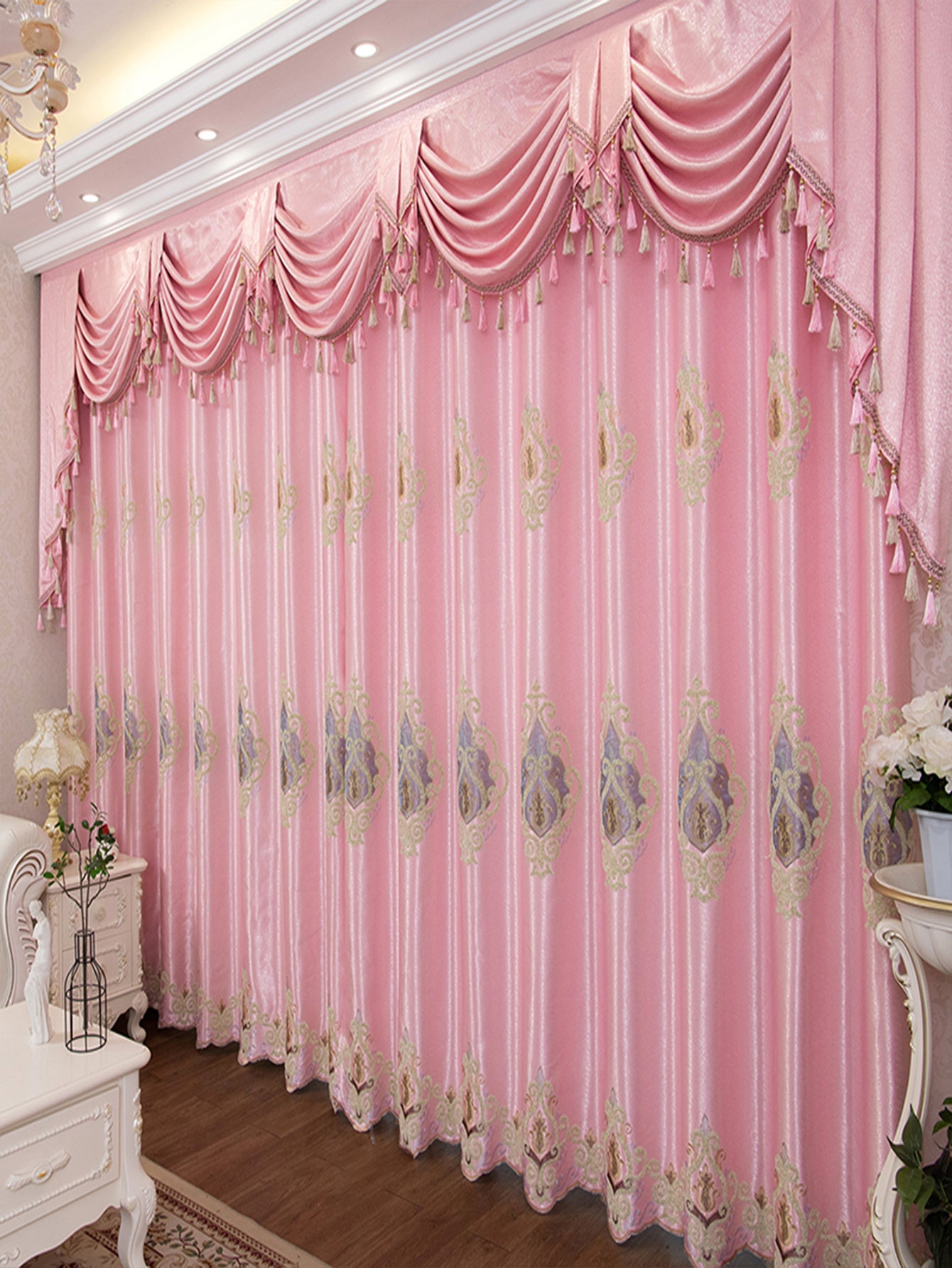 Shopi Vella luxury embroidered bedroom curtains in pink with ornate patterns and scalloped valance