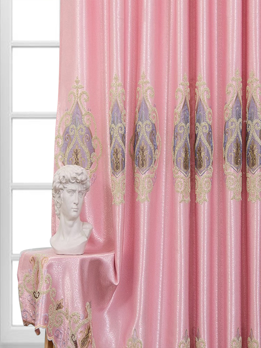 Shopi Vella luxury embroidered bedroom curtains in pink with intricate gold and blue designs
