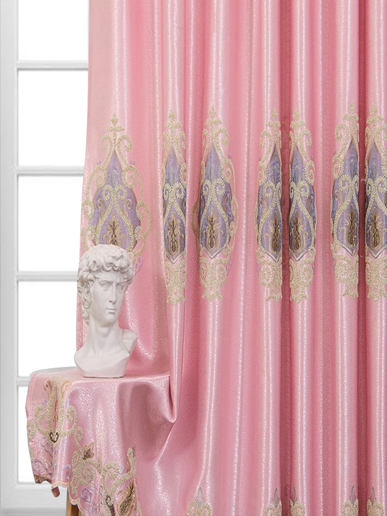Shopi Vella luxury embroidered bedroom curtains in pink with intricate gold and blue designs