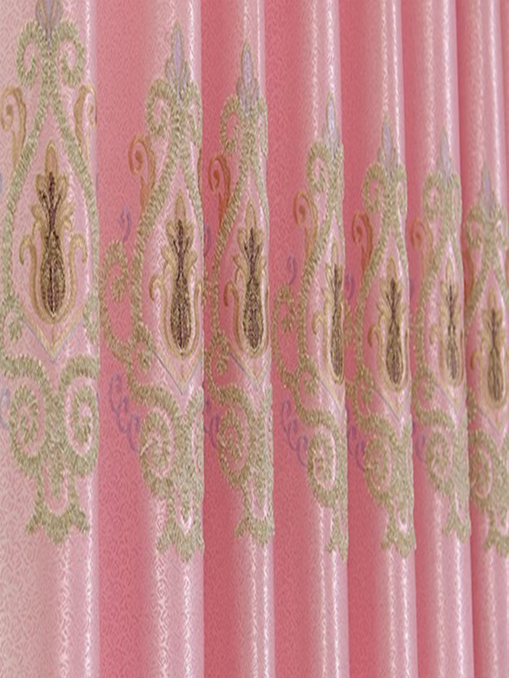 Shopi Vella luxury embroidered bedroom curtains in pink with intricate gold floral patterns