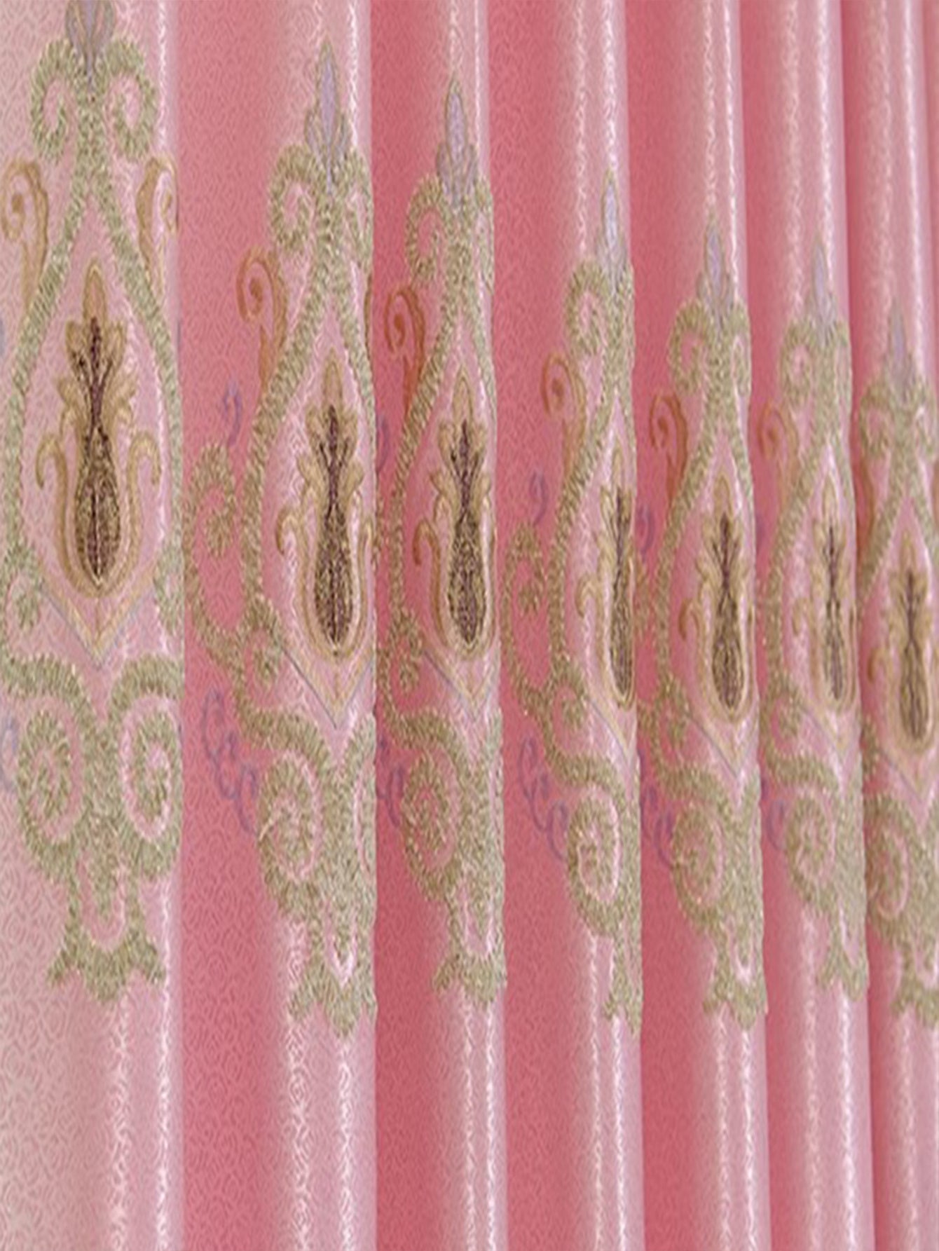 Shopi Vella luxury embroidered bedroom curtains in pink with intricate gold floral patterns