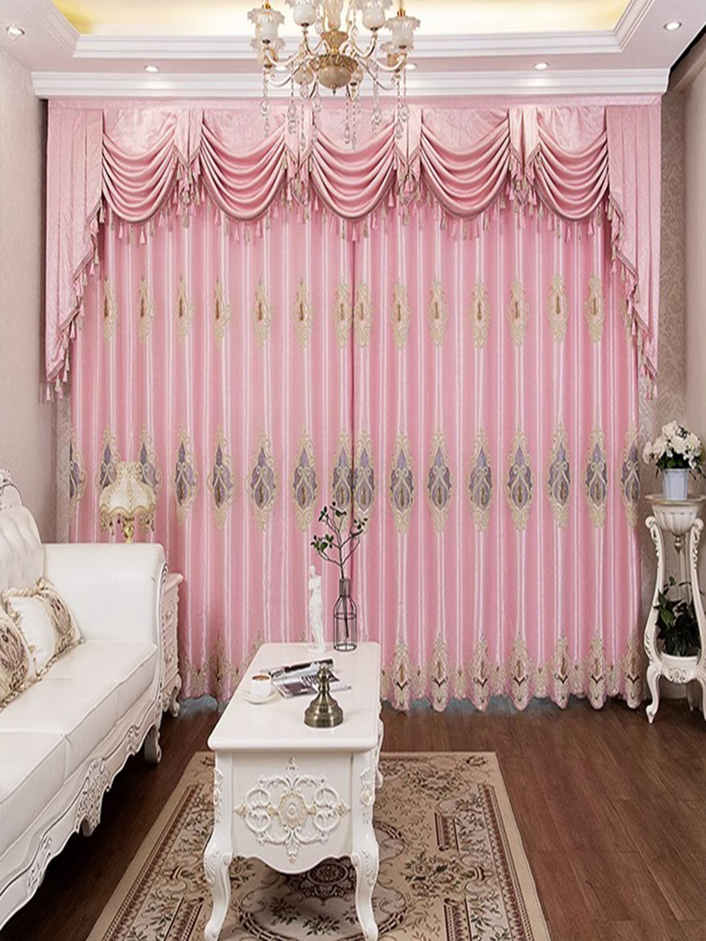 Shopi Vella luxury embroidered bedroom curtains in pink with intricate floral patterns and elegant draped valance