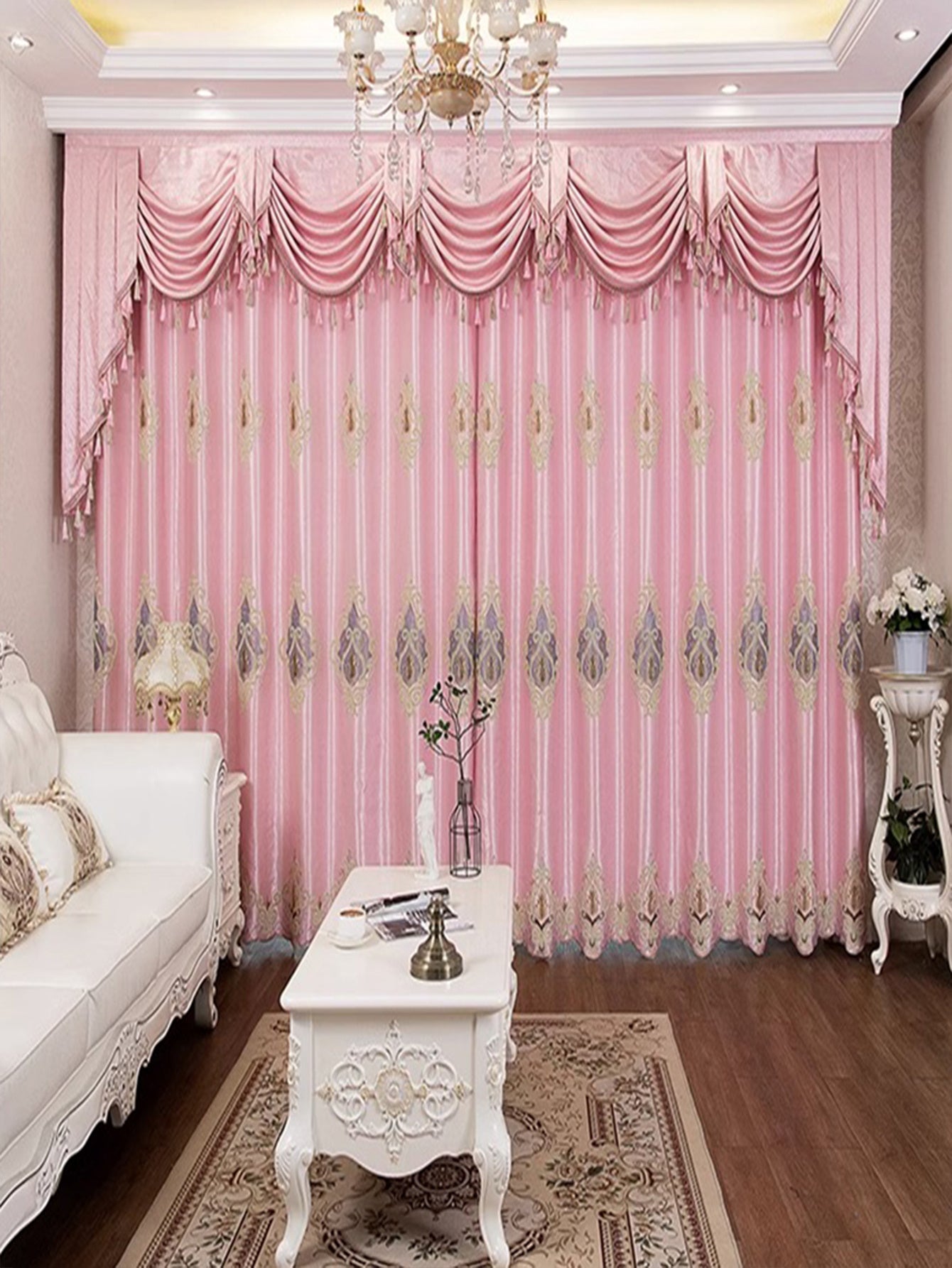 Shopi Vella luxury embroidered bedroom curtains in pink with intricate floral patterns and elegant draped valance